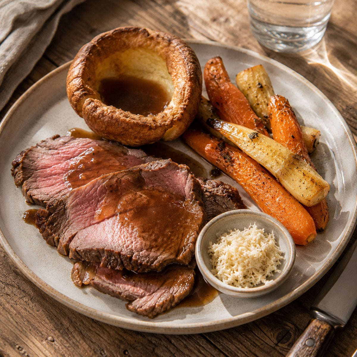 Plated roast beef with carrots, Yorkshire pudding, and horseradish sauce on a wooden table.
