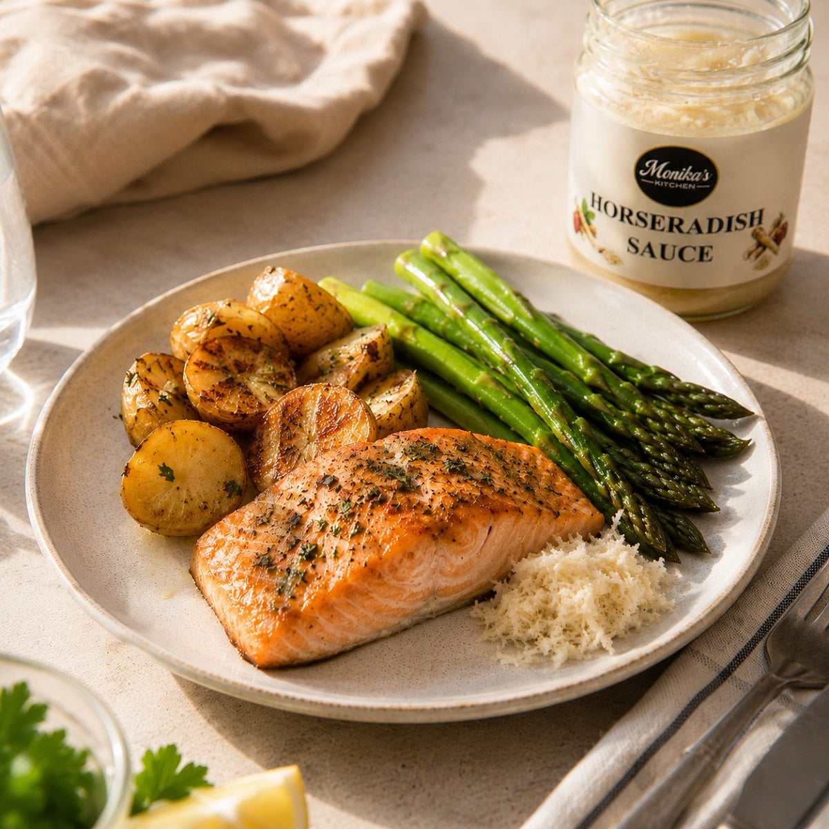 Plate of salmon with roasted potatoes, steamed asparagus and horseradish sauce.