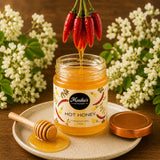Jar of hot honey infused with spicy chilli peppers.