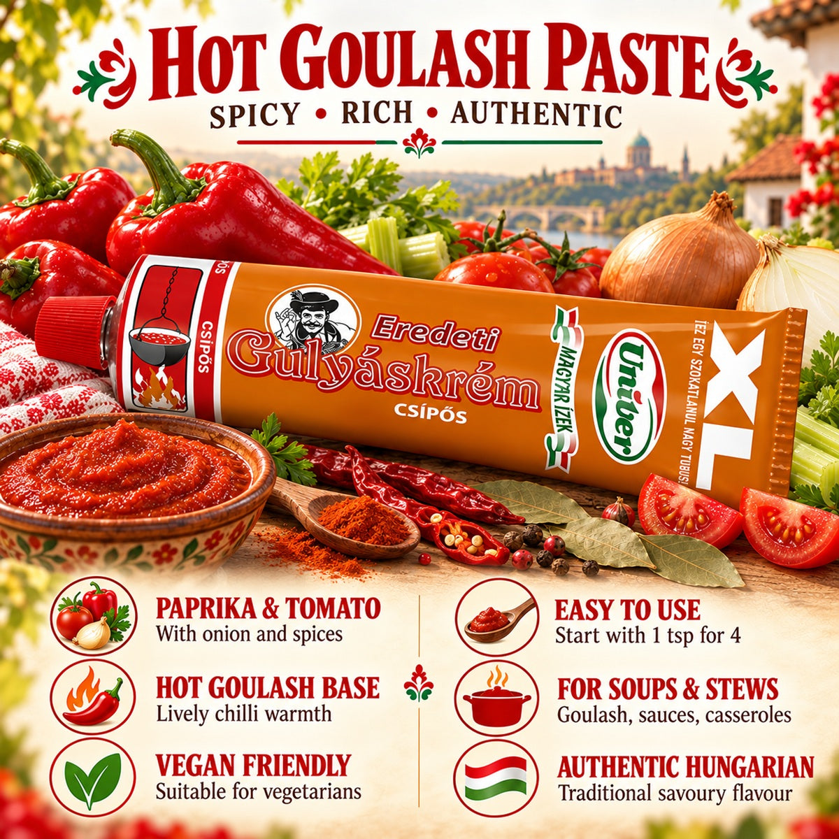 An infographic about Csipos Gulyaskrem. This iconic Hungarian hot goulash paste is a versatile, spicy ingredient.