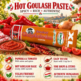 An infographic about Csipos Gulyaskrem. This iconic Hungarian hot goulash paste is a versatile, spicy ingredient.