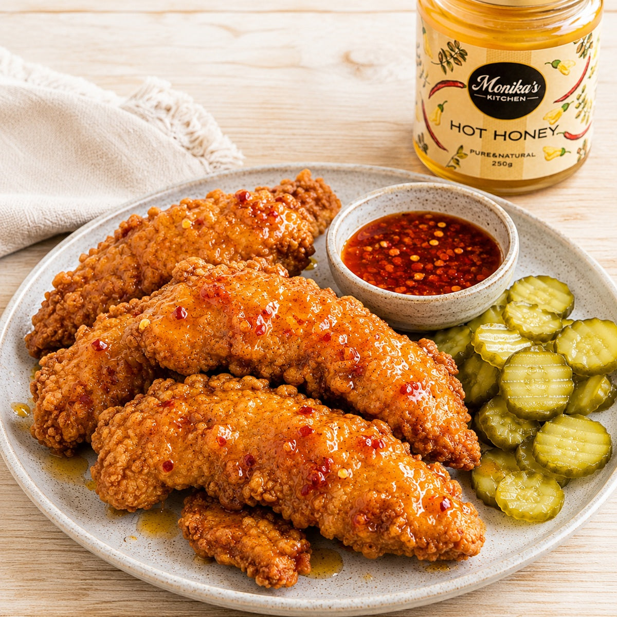 Fried chicken tenders drizzled with hot honey on a plate with pickles and a small bowl of chilli sauce.