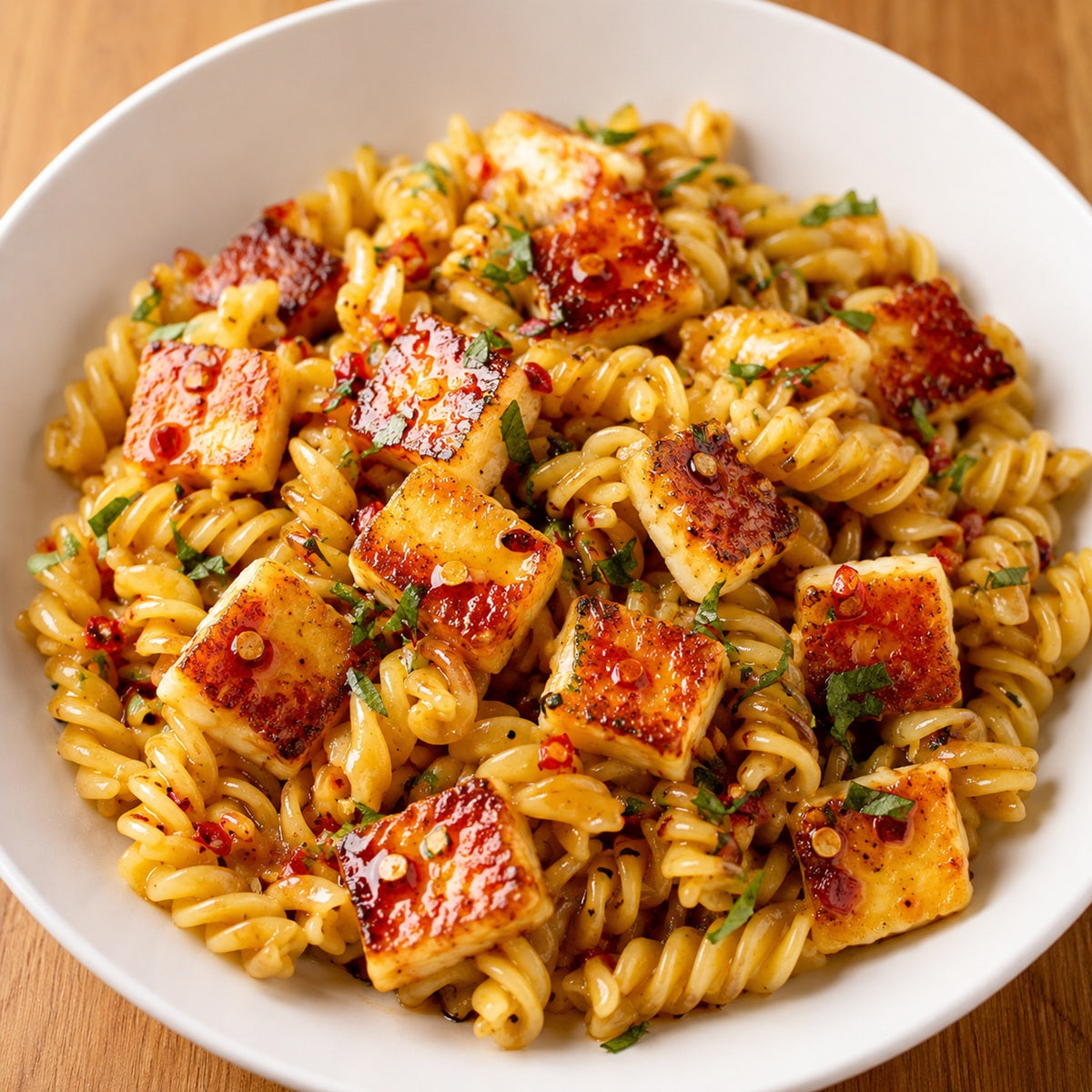 Dish of hot honey halloumi pasta with fusilli pasta, halloumi cubes, drizzled with hot honey.
