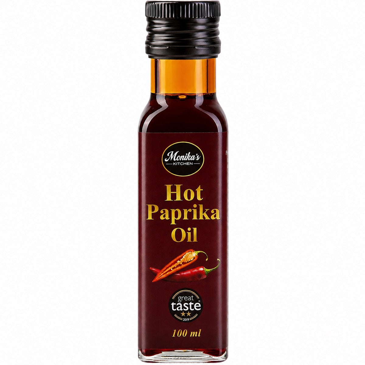 Bottle of hot paprika oil made from cold-pressed spicy paprika seeds.