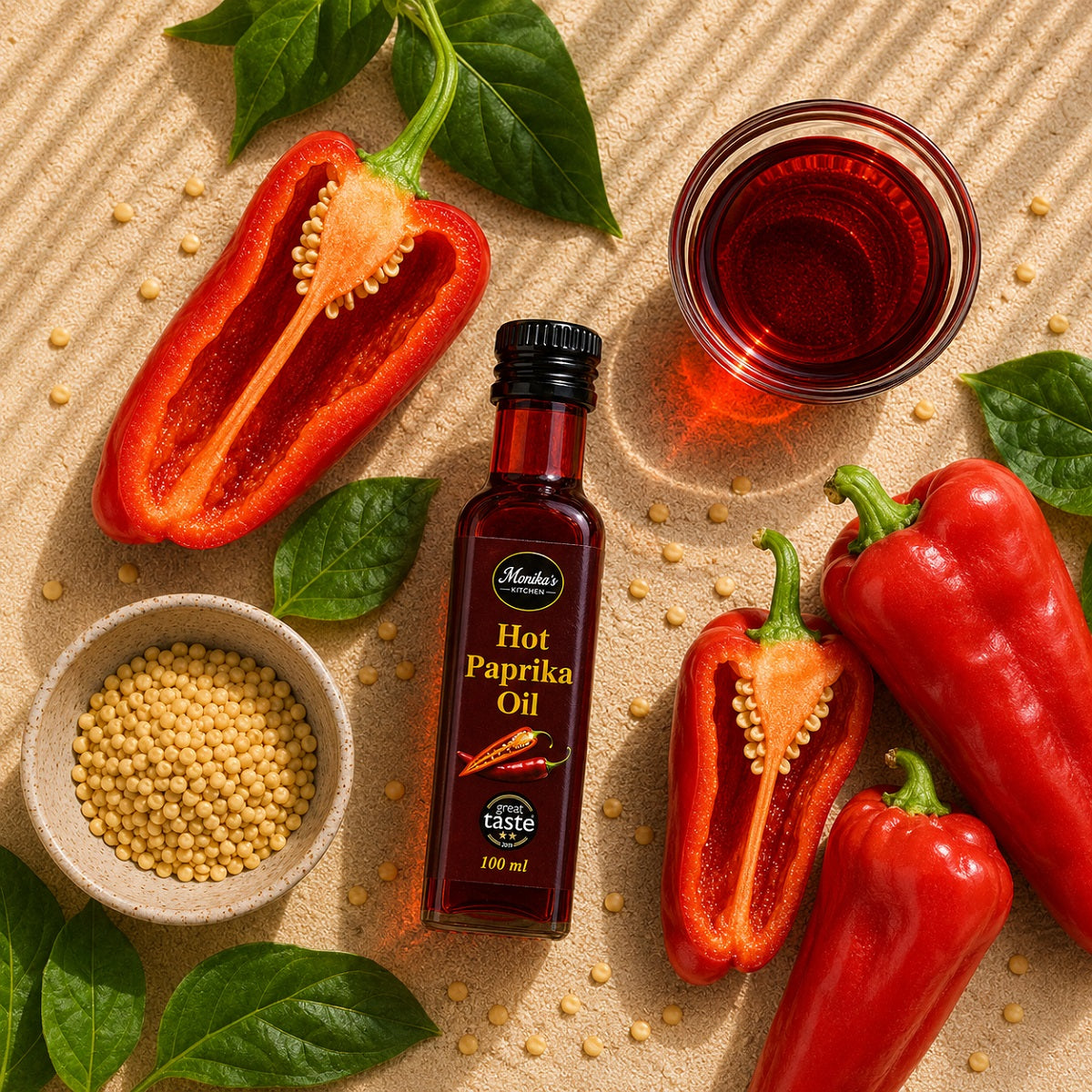 Hot Paprika Oil bottle with red peppers, paprika seeds, and a glass of paprika oil on a textured surface.