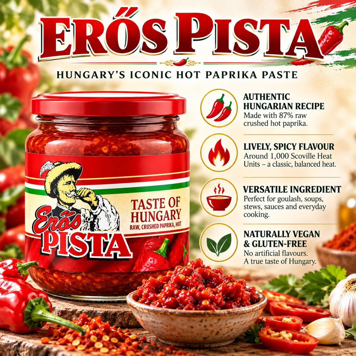 An infographic about Eros Pista, an iconic Hungarian hot paprika paste from crushed hot paprika.