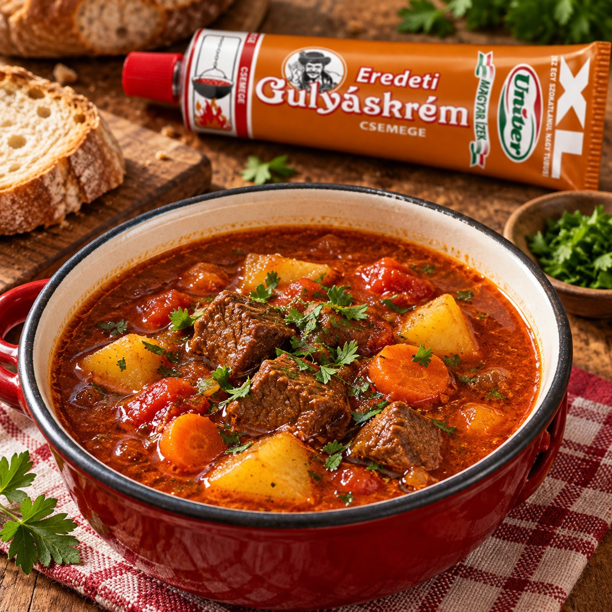 A red enamel bowl filled with a hearty beef and potato goulash, with a tube of Gulyáskrém Csemge in the background.