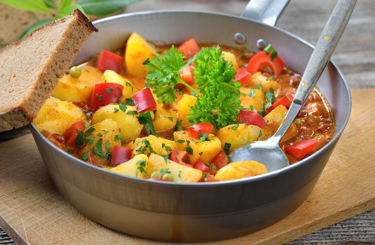 A Hungarian dish of potato paprikash made with sweet paprika powder.