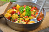 A Hungarian dish of potato paprikash made with sweet paprika powder.
