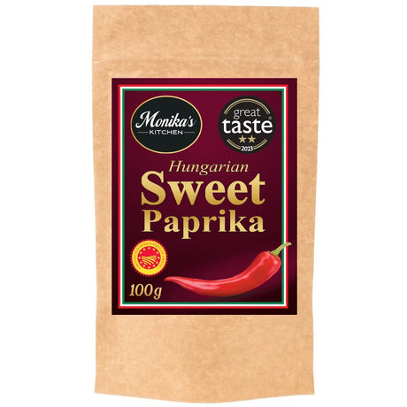 A pack of Hungarian sweet paprika powder from ground magyar paprika from Szeged.