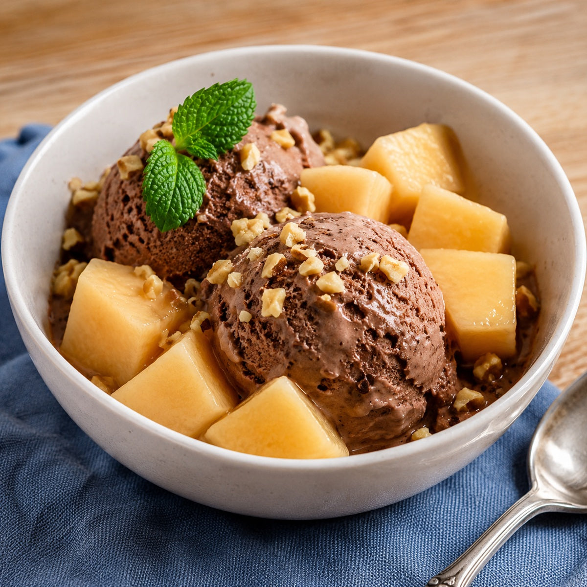 Bowl with two scoops of chocolate ice cream topped with chopped nuts, fresh mint, and cubes of quince fruit compote.
