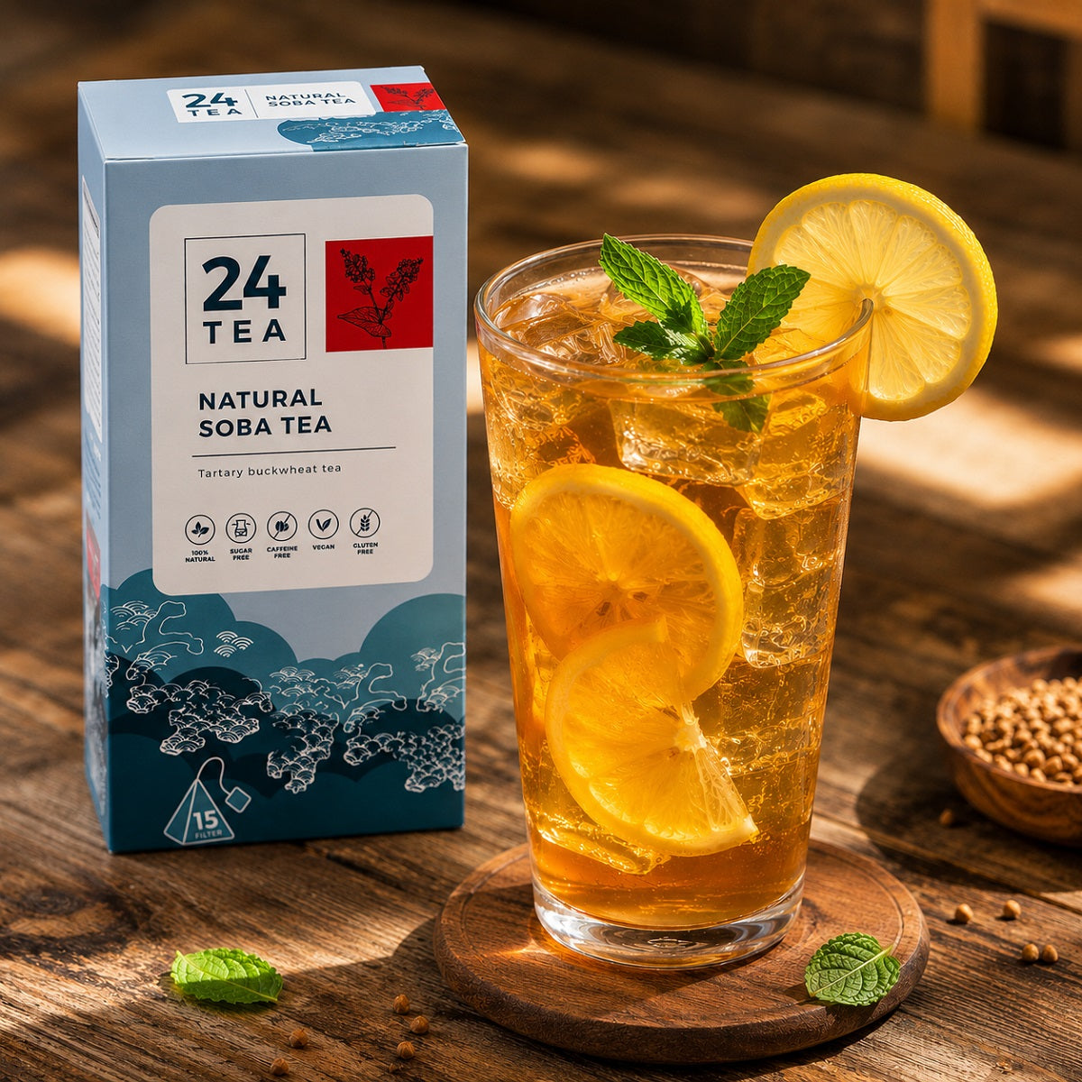 Glass of iced soba tea with lemon slices and mint leaves next to a box of soba tea bags on a wooden surface.