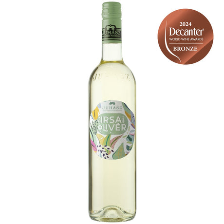 A bottle of Irsai Oliver Hungarian dry white wine.