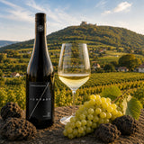 A bottle of Kreinbacher Juhfark wine with grapes and volcanic rocks in front of Somlo Hill.