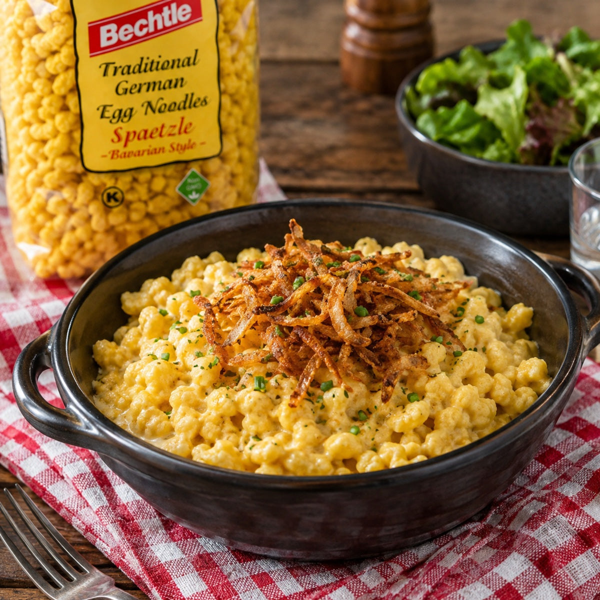 A bowl of Käsespätzle, a traditional German cheese spaetzle recipe served with crispy fried onions and chives.
