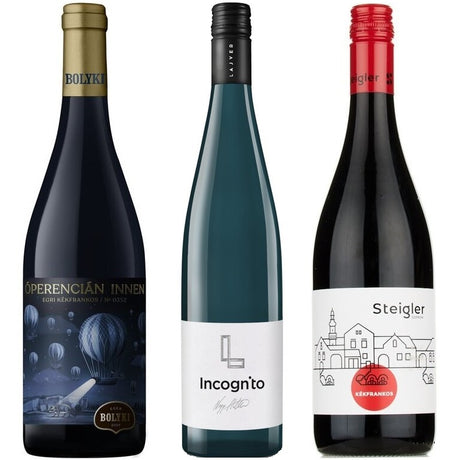 A Hungarian red wine selection with three bottles of Kékfrankos made from the Blaufränkisch grape.
