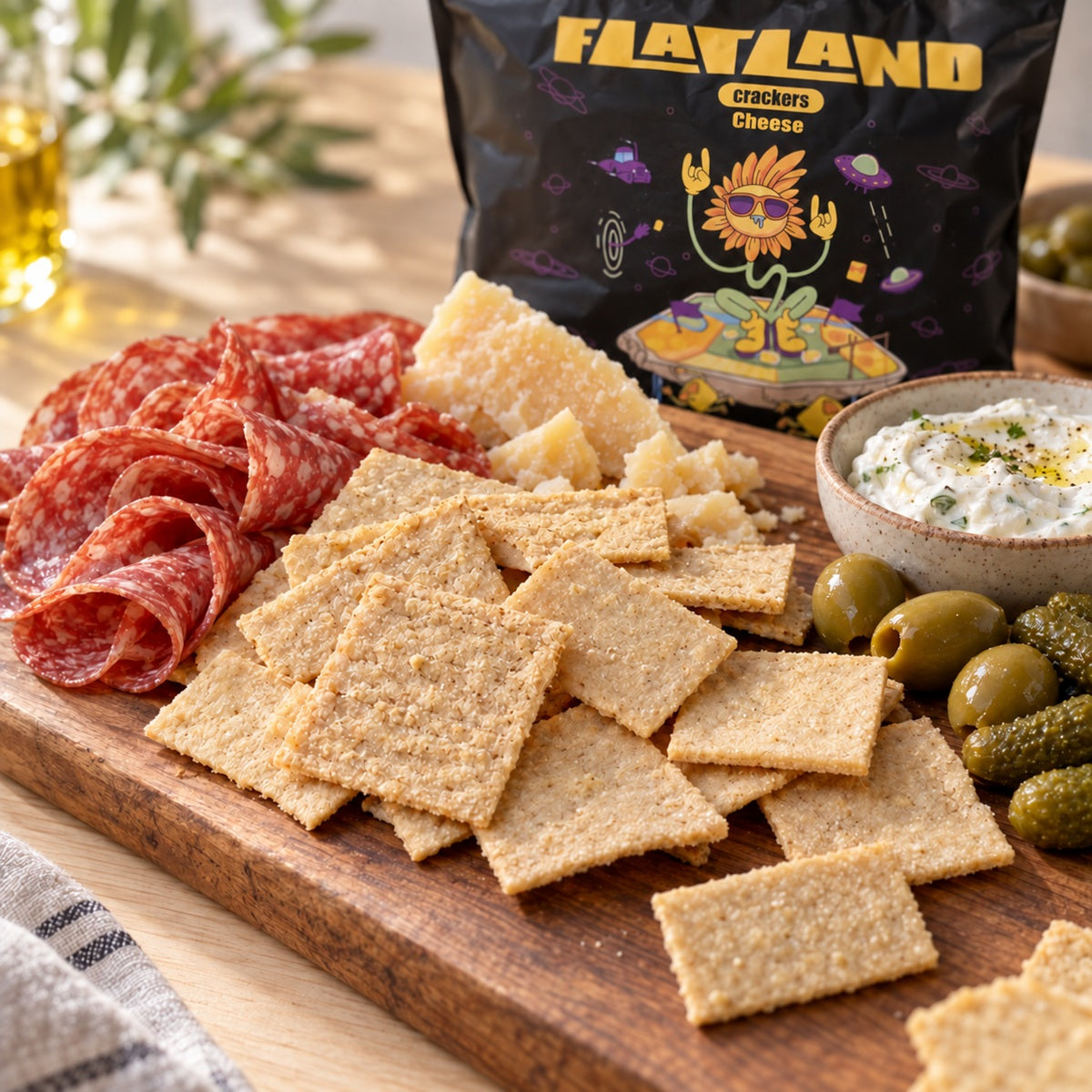 A styled food spread on a wooden board featuring Flatland keto cheese crackers, cheese, salami, olives and pickles.