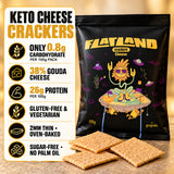 An infographic showing the benefits of gluten-free, vegetarian, low-carb and keto cheese crackers.