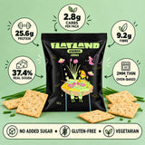 An infographic showing the benefits of chive crackers that are gluten-free, vegetarian, low-carb, and keto.