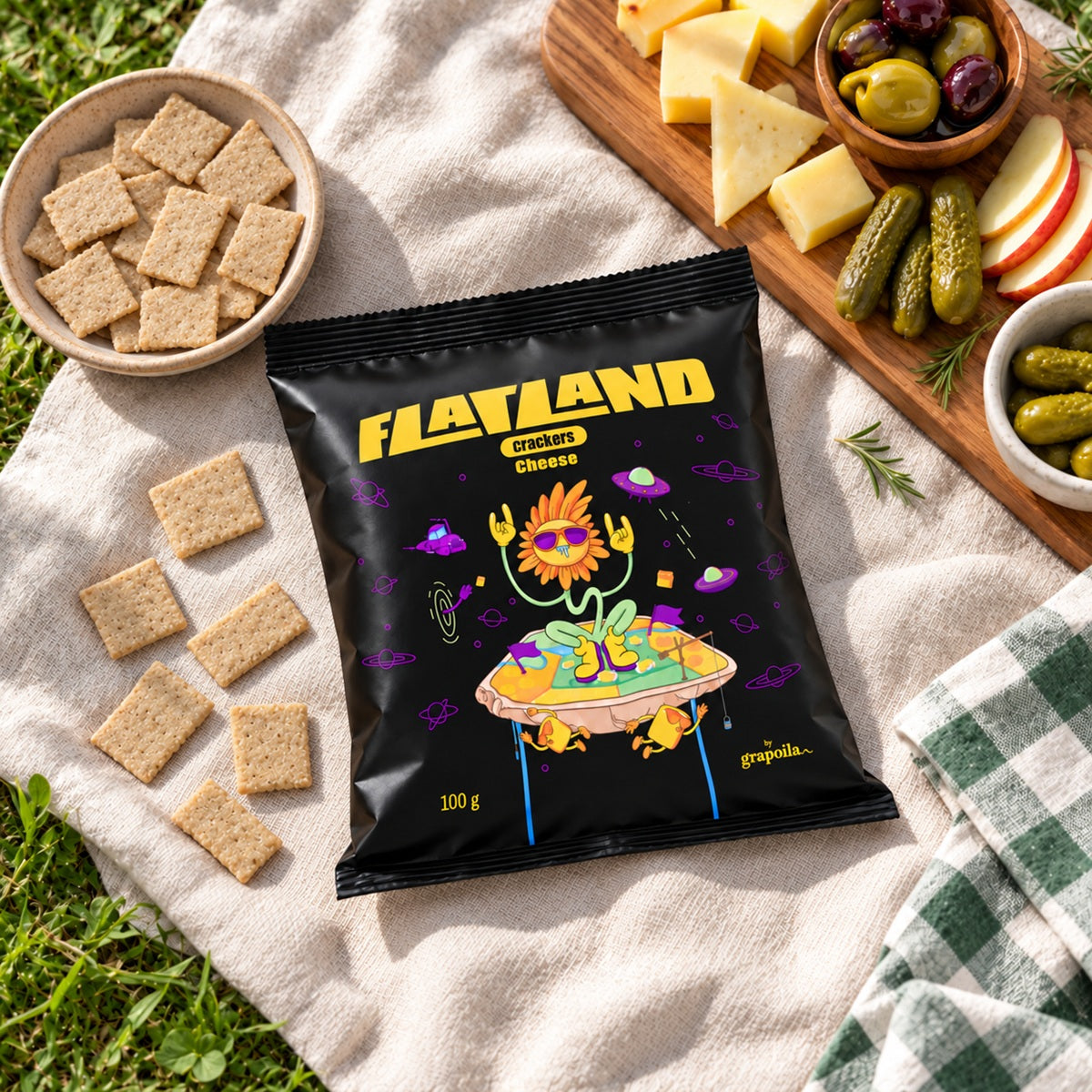 A bag of Flatland Keto Cheese Crackers on a picnic blanket, surrounded by food including cheese wedges and pickles.