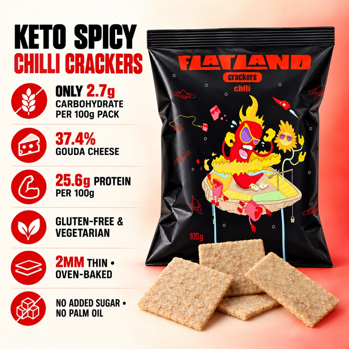 An infographic showing the benefits of spicy chilli crackers that are gluten-free, vegetarian, low-carb, and keto.