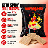 An infographic showing the benefits of spicy chilli crackers that are gluten-free, vegetarian, low-carb, and keto.
