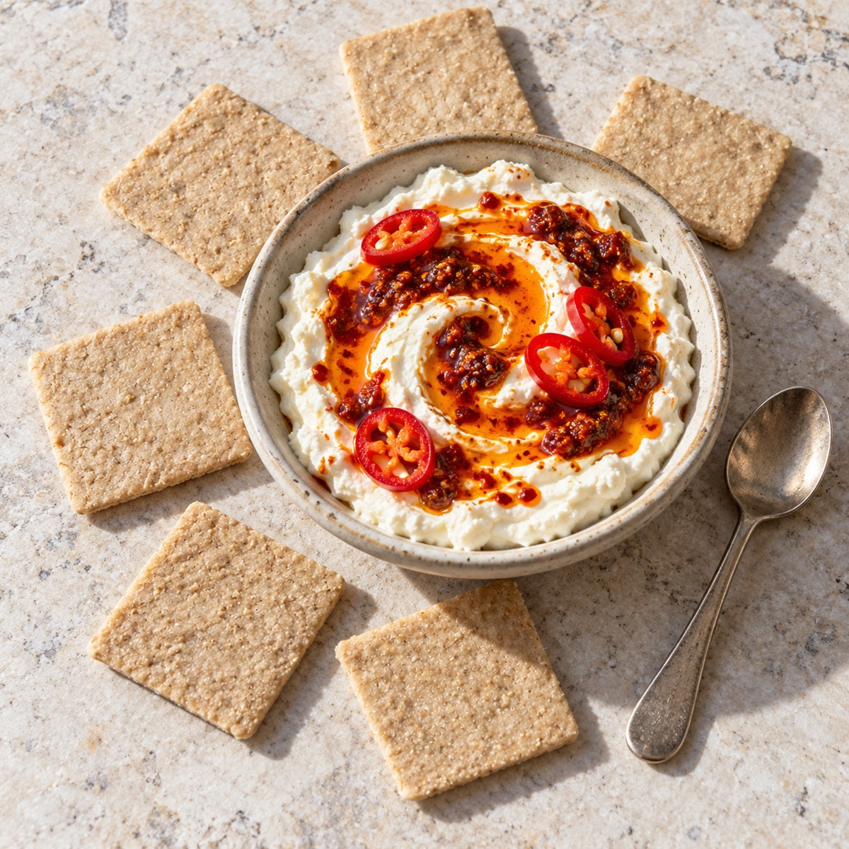 A bowl of creamy whipped feta dip topped with red chilli slices and a swirl of oil, surrounded by keto spicy crackers.