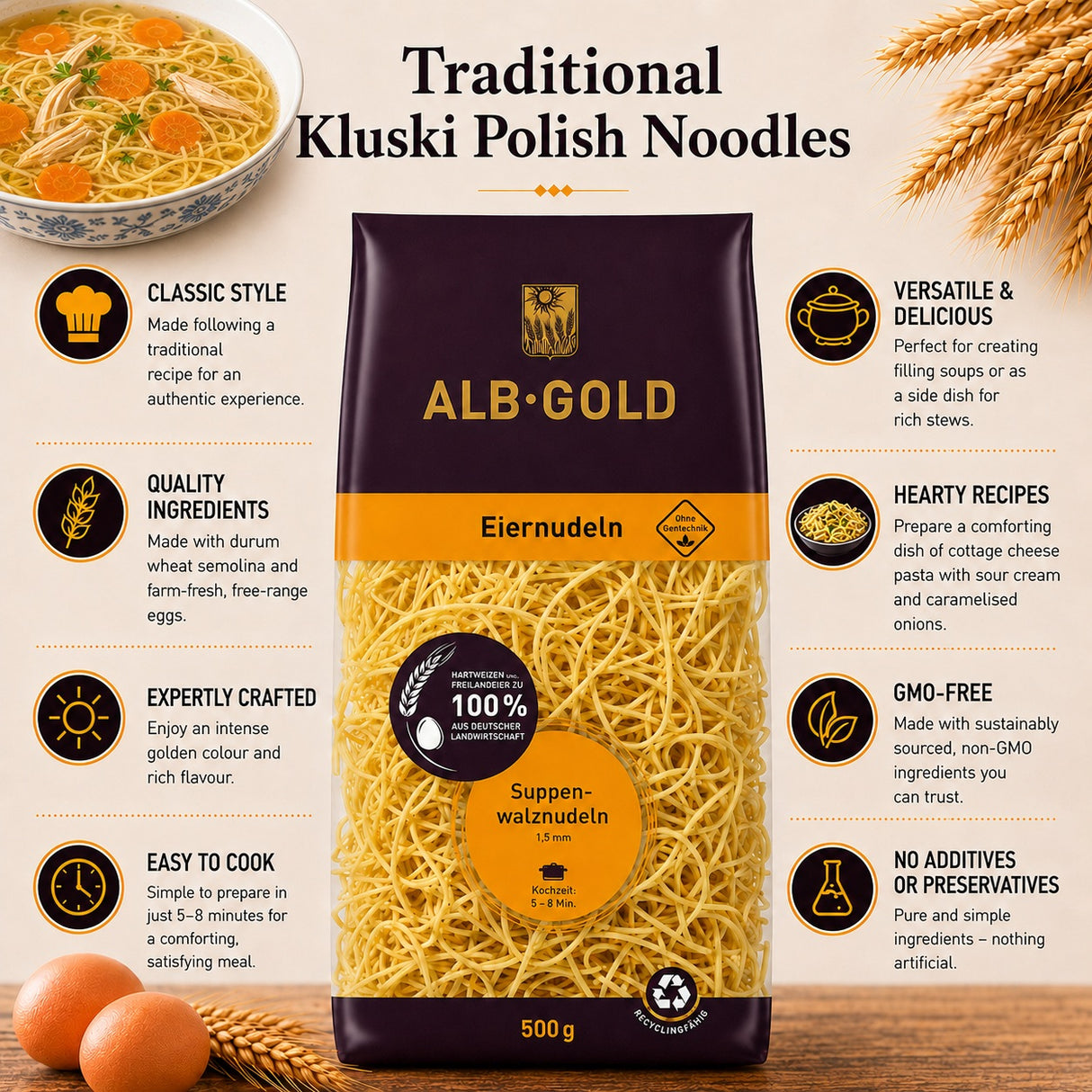 A package of Kluski Traditional Polish Egg Noodles with information.