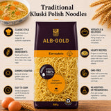A package of Kluski Traditional Polish Egg Noodles with information.