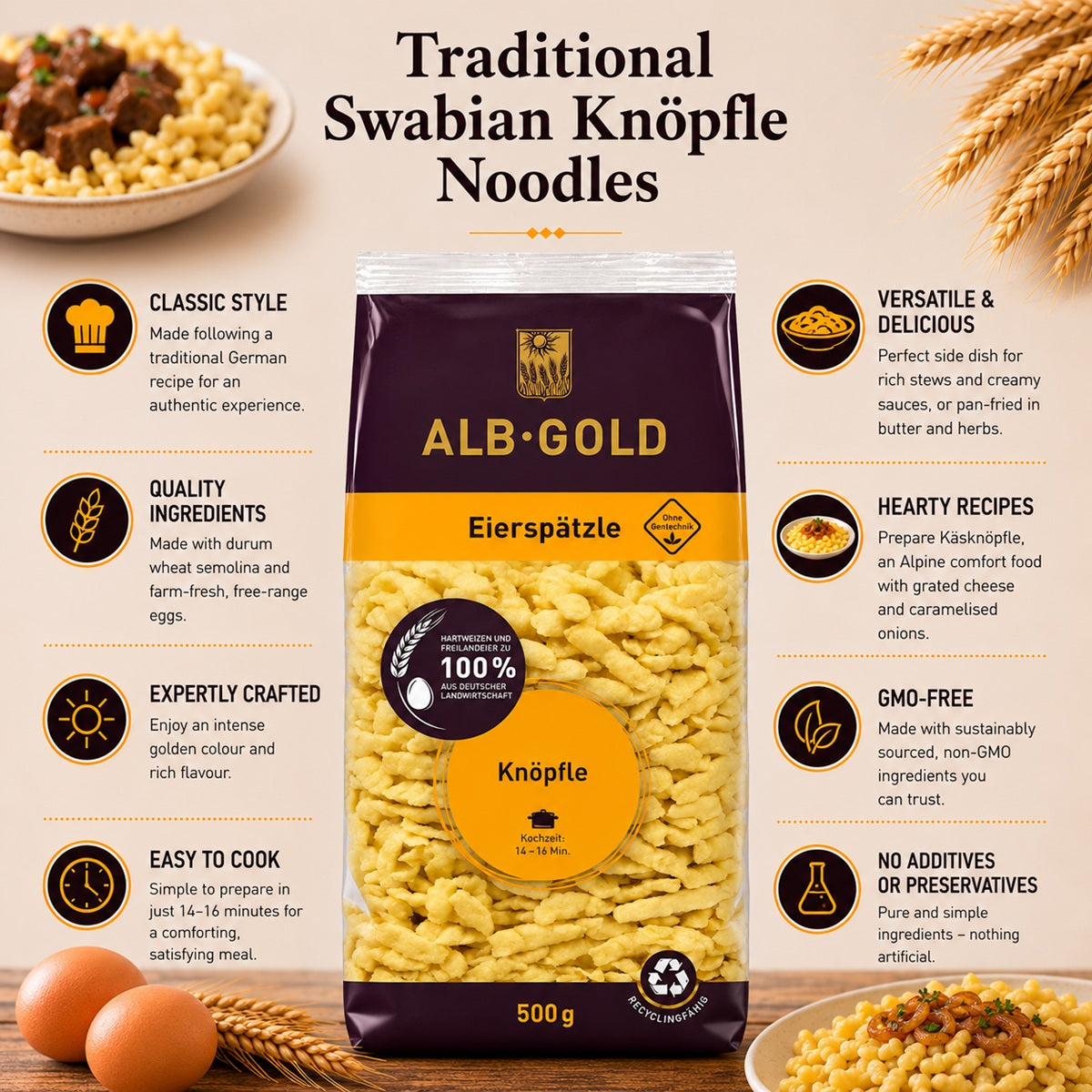 A package of Traditional German Knoepfle Noodles prepared in a Schwabian Style, with information.