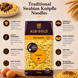 A package of Traditional German Knoepfle Noodles prepared in a Schwabian Style, with information.