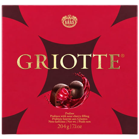 Kraš Griotte, Croatian dark chocolate pralines with sour cherries and a liquid alcohol centre in a chocolate gift box.