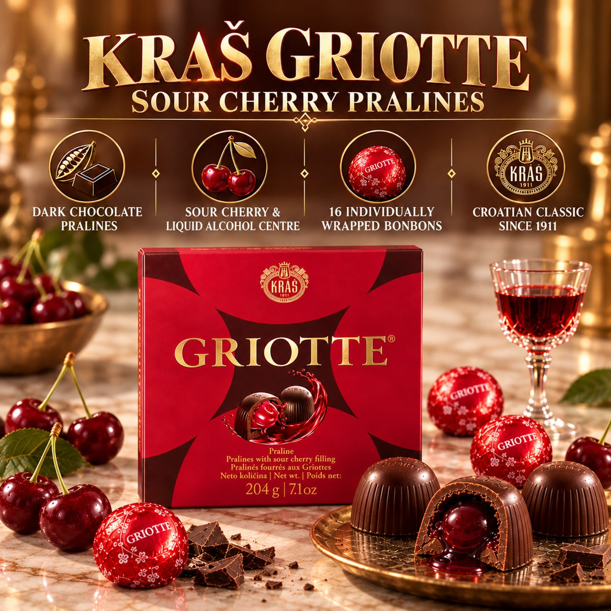 A box of Kras Griotte, classic Croatian sour cherry dark chocolate pralines in a stylish red gift box.