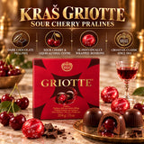 A box of Kras Griotte, classic Croatian sour cherry dark chocolate pralines in a stylish red gift box.