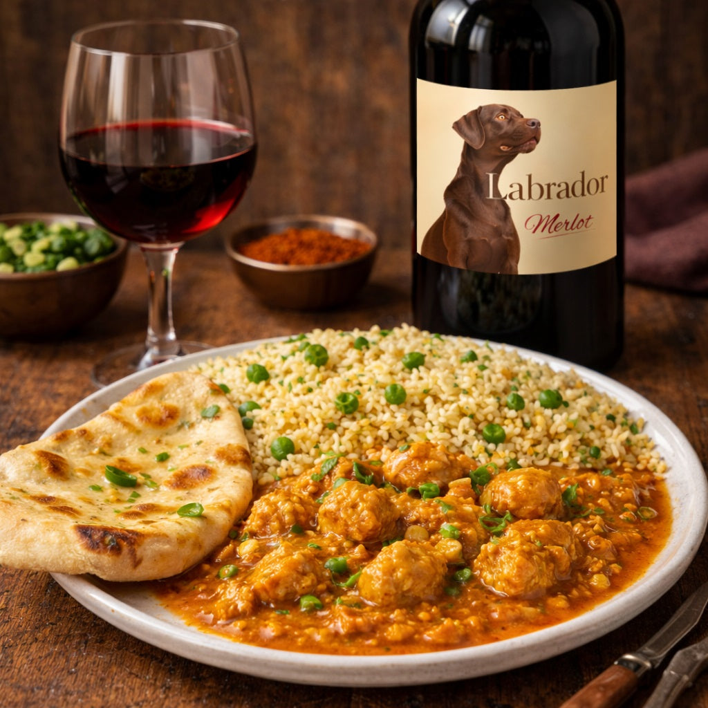 Plate of curry with naan bread and a bottle of wine with a labrador dog label in the background.