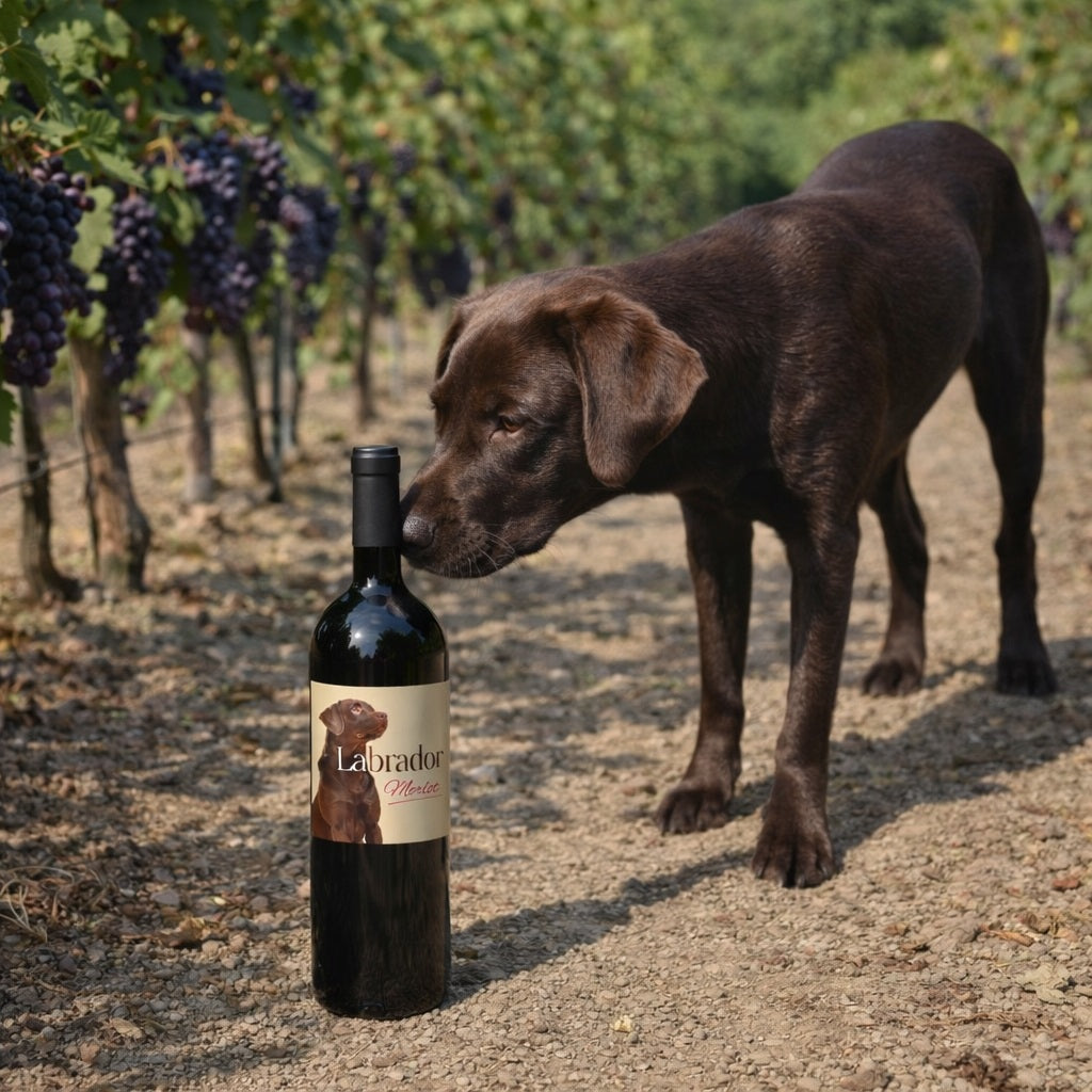 Dog sniffing a bottle of wine labeled 'Labrador' in a vineyard setting.