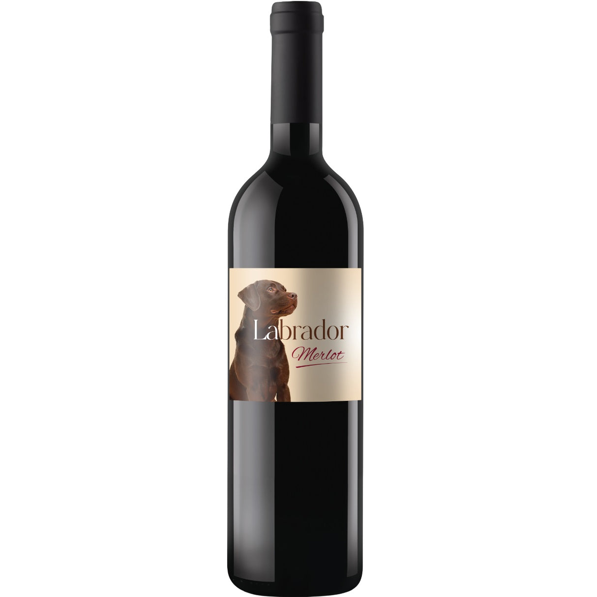 A bottle of Hungarian Merlot red wine with a Labrador dog label.