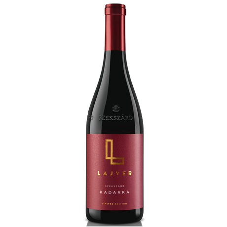A bottle of Szekszardi Kadarka Hungarian dry red wine from Lajver Winery.