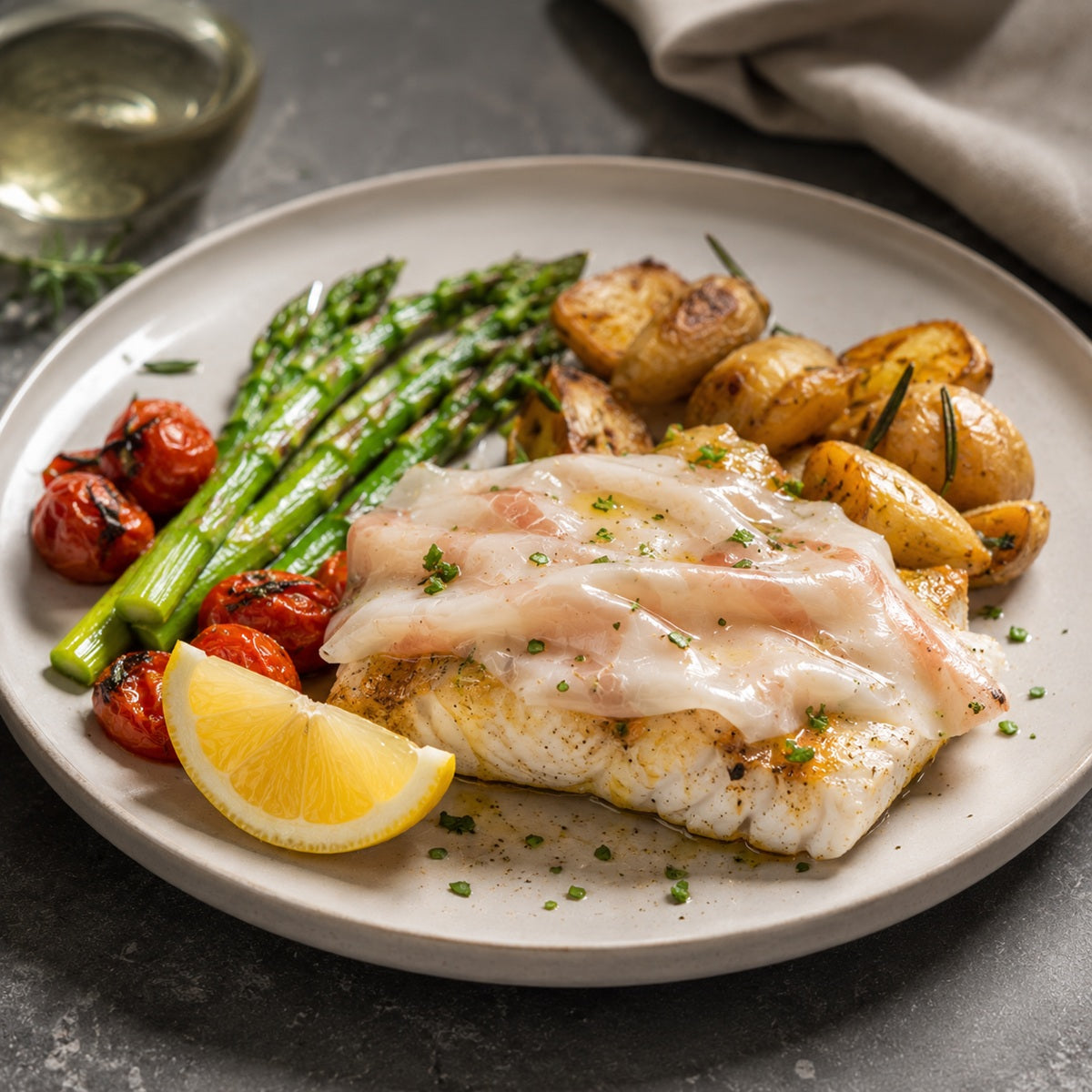 Plated dish with roasted white fish covered in lardo slices, asparagus, potatoes, and tomatoes on a grey surface.