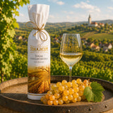 A bottle of late harvest sweet wine with ripe sárgamuskotály grapes.