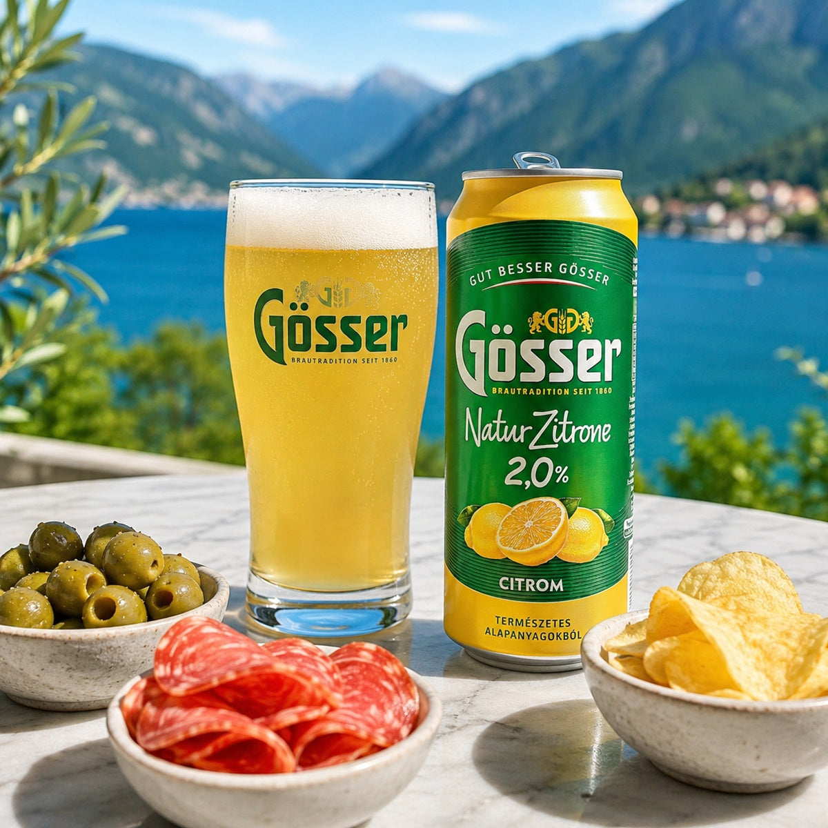 Gösser Lemon beer can and glass with snacks on a scenic background.