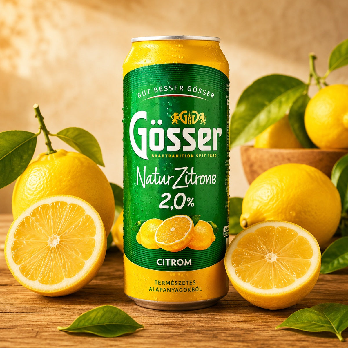 Gösser Lemon Radler can with lemons on a wooden surface.