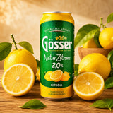 Gösser Lemon Radler can with lemons on a wooden surface.