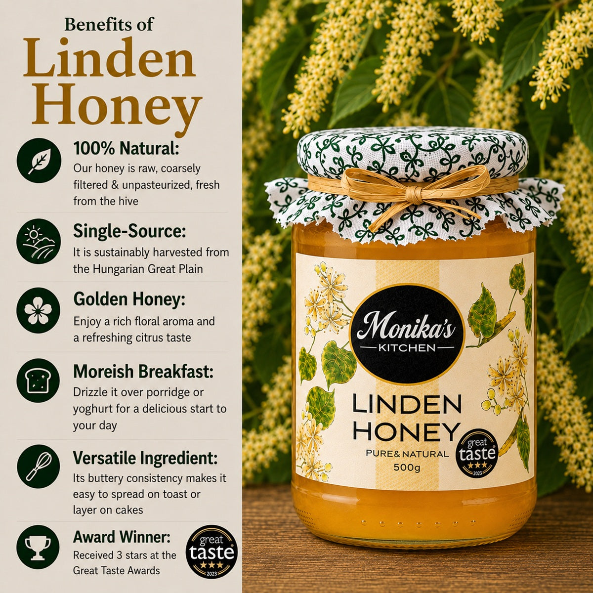 Infographic showing the benefits of eating and using raw linden honey.
