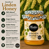 Infographic showing the benefits of eating and using raw linden honey.