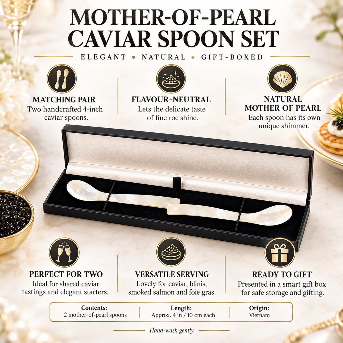 An infographic featuring a handcrafted Mother-of-Pearl caviar spoon set, including a pair of spoons, as a luxury gift.