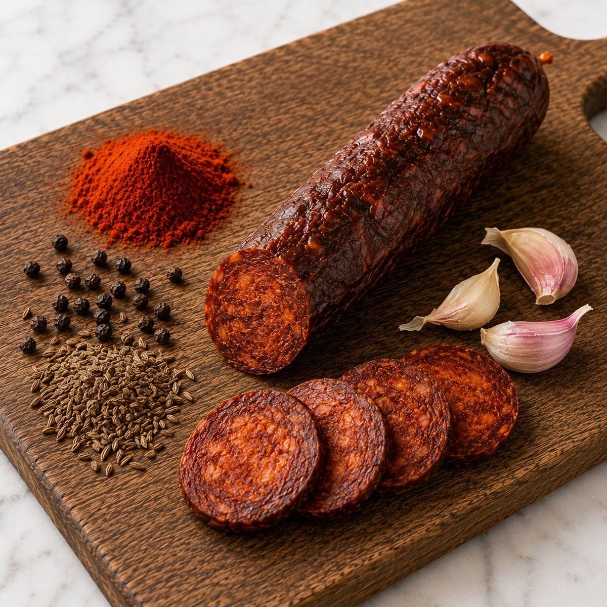 Smoked mangalitsa sausage with slices on a wooden cutting board with spices and garlic.