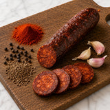 Smoked mangalitsa sausage with slices on a wooden cutting board with spices and garlic.
