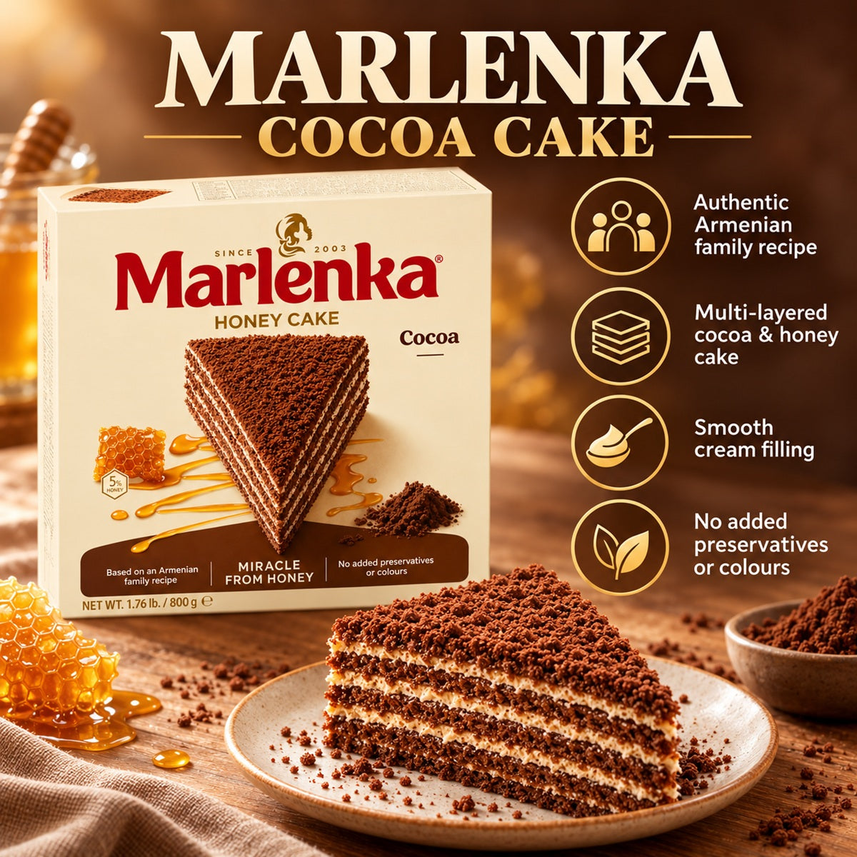 Infographic showing the key features and benefits of Marlenka Cocoa Honey Cake, a traditional Armenian dessert.