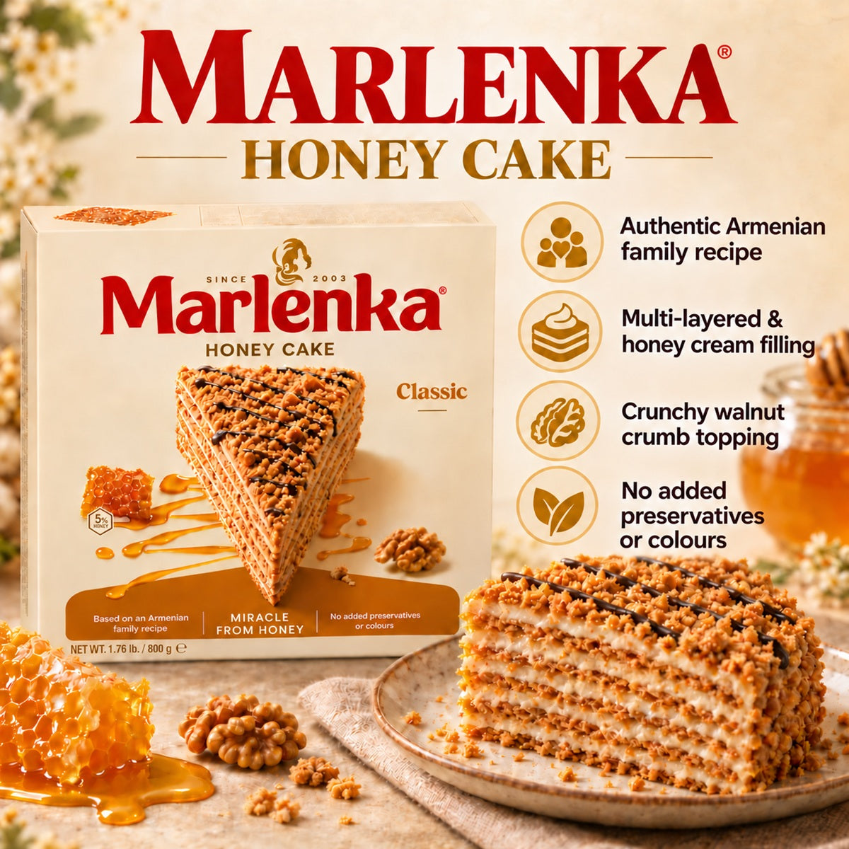 Infographic showing the key features and benefits of Marlenka Honey Cake, a traditional Armenian dessert.